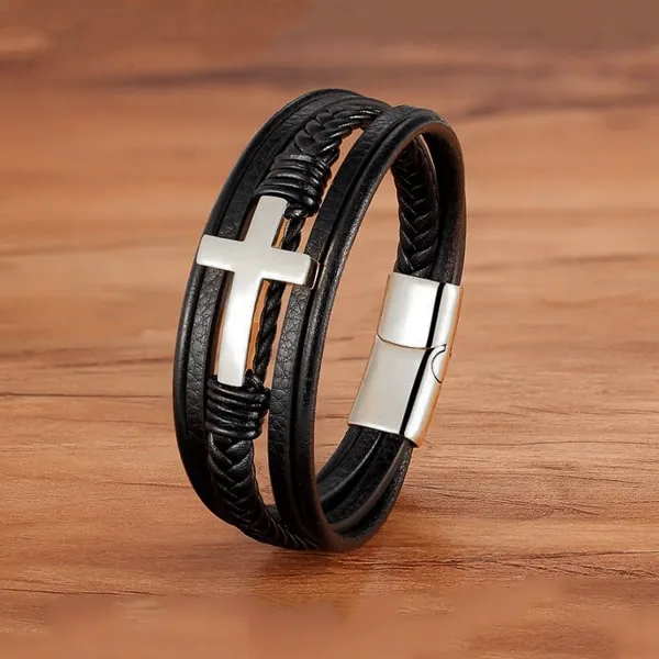 Classy Men Black Cross Leather Bracelet