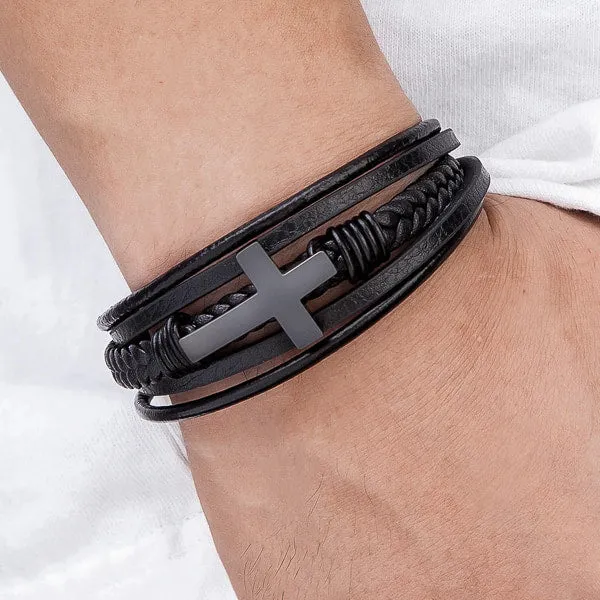 Classy Men Black Cross Leather Bracelet