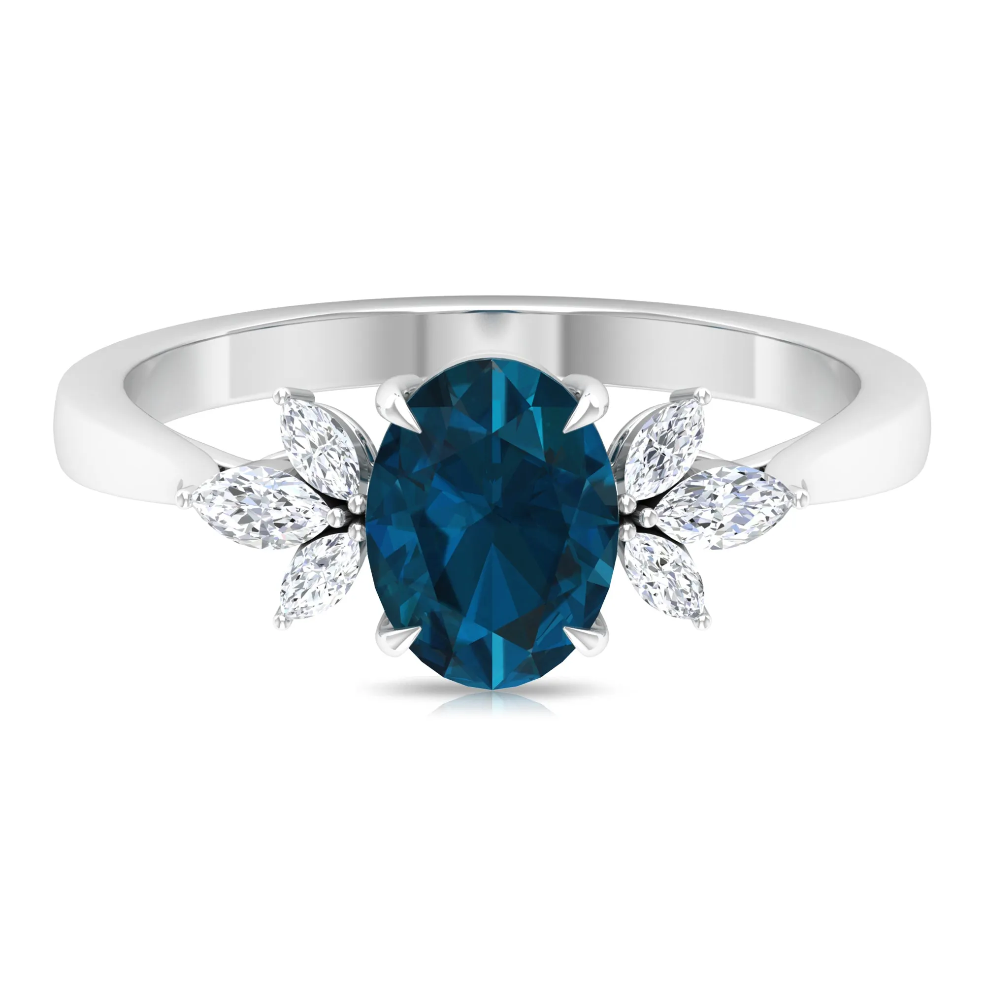 Claw Set London Blue Topaz Solitaire Ring with Marquise Diamond Trio