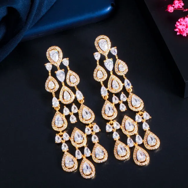 Clear White Water Drop Cubic Zirconia Long Tassel Style Party Earrings