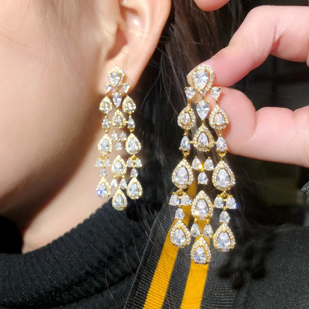 Clear White Water Drop Cubic Zirconia Long Tassel Style Party Earrings