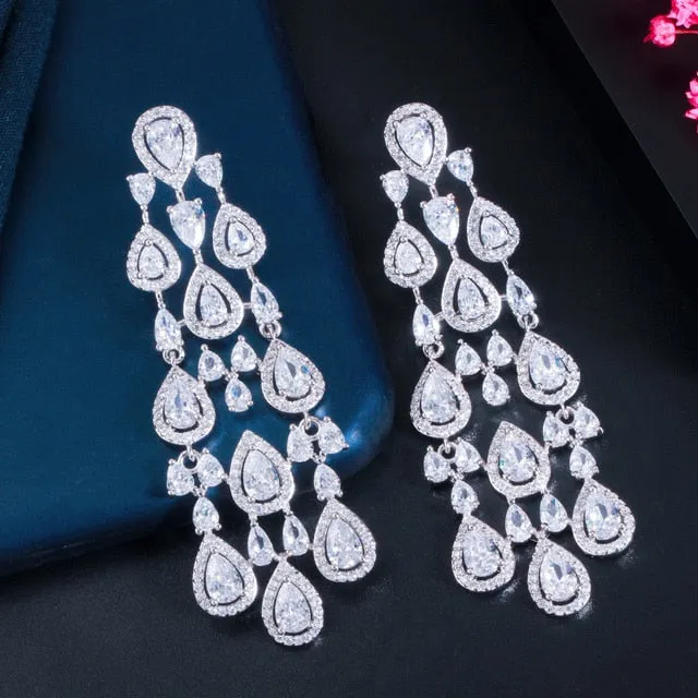 Clear White Water Drop Cubic Zirconia Long Tassel Style Party Earrings