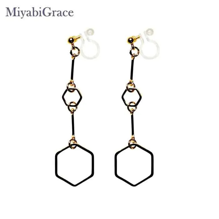 Contemporary Gold Hexagon Long Chain Dangle Invisible Clip-On Earrings | Elegantly Lightweight