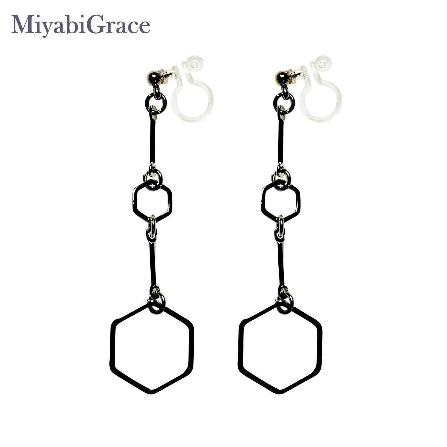 Contemporary Gold Hexagon Long Chain Dangle Invisible Clip-On Earrings | Elegantly Lightweight