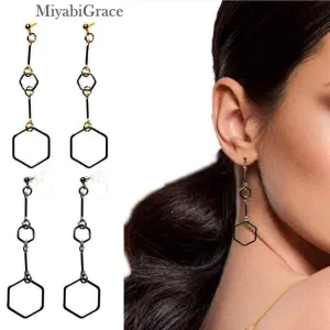 Contemporary Gold Hexagon Long Chain Dangle Invisible Clip-On Earrings | Elegantly Lightweight