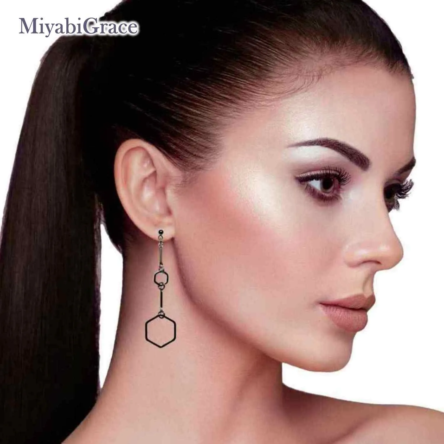 Contemporary Gold Hexagon Long Chain Dangle Invisible Clip-On Earrings | Elegantly Lightweight