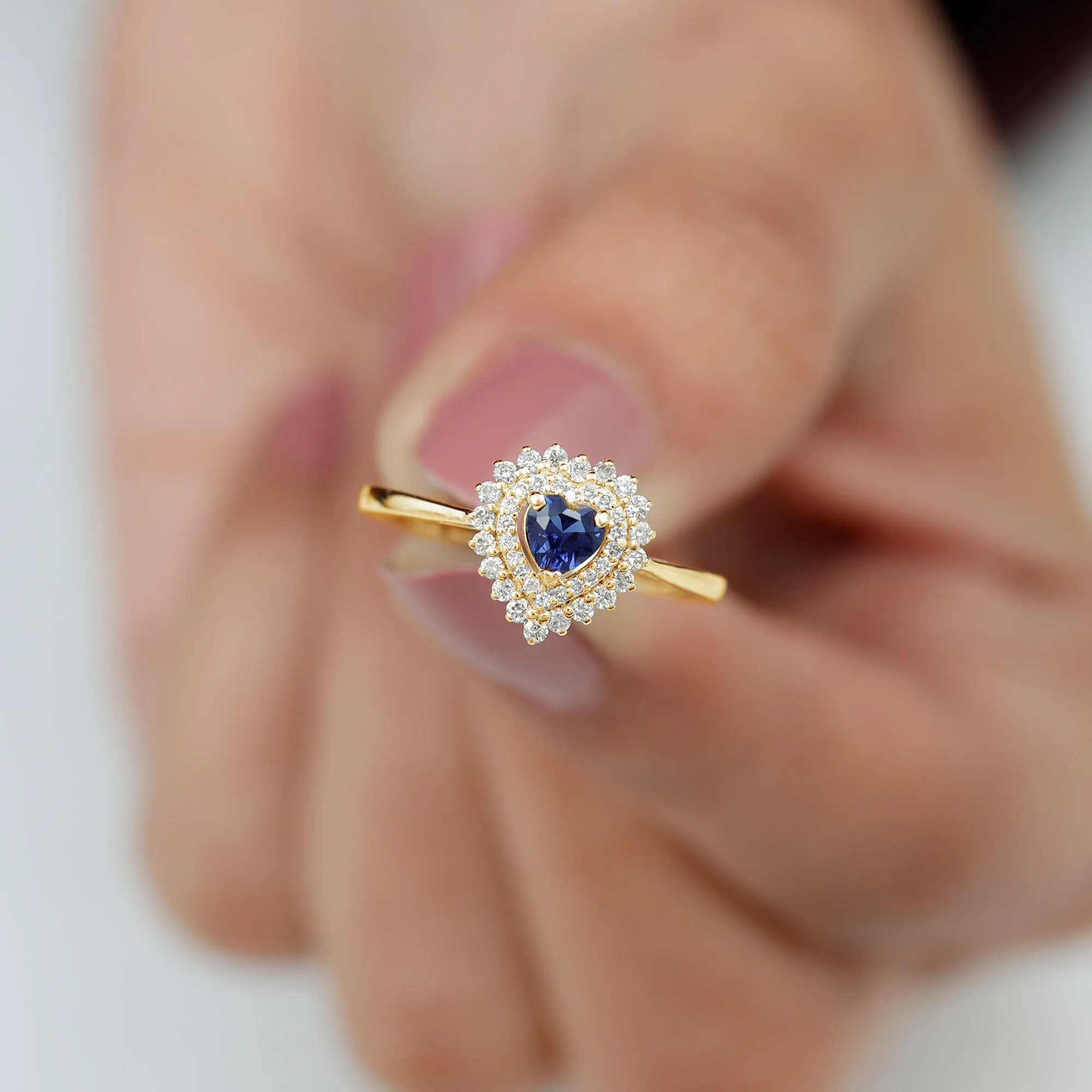 Created Blue Sapphire Heart Engagement Ring with Diamond Double Halo