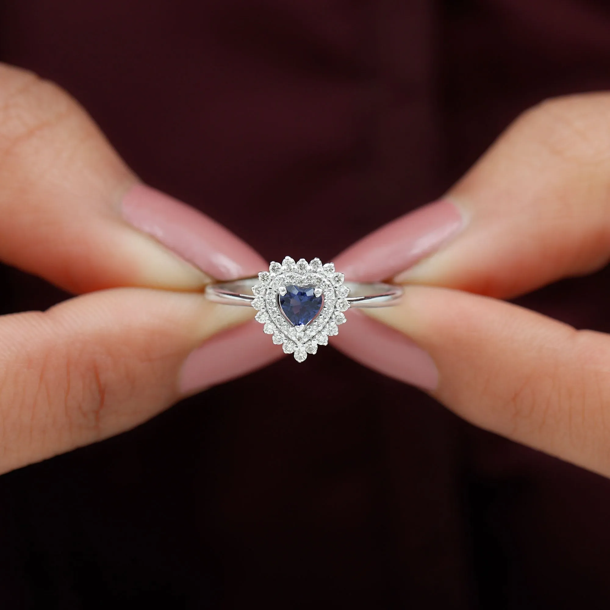 Created Blue Sapphire Heart Engagement Ring with Diamond Double Halo