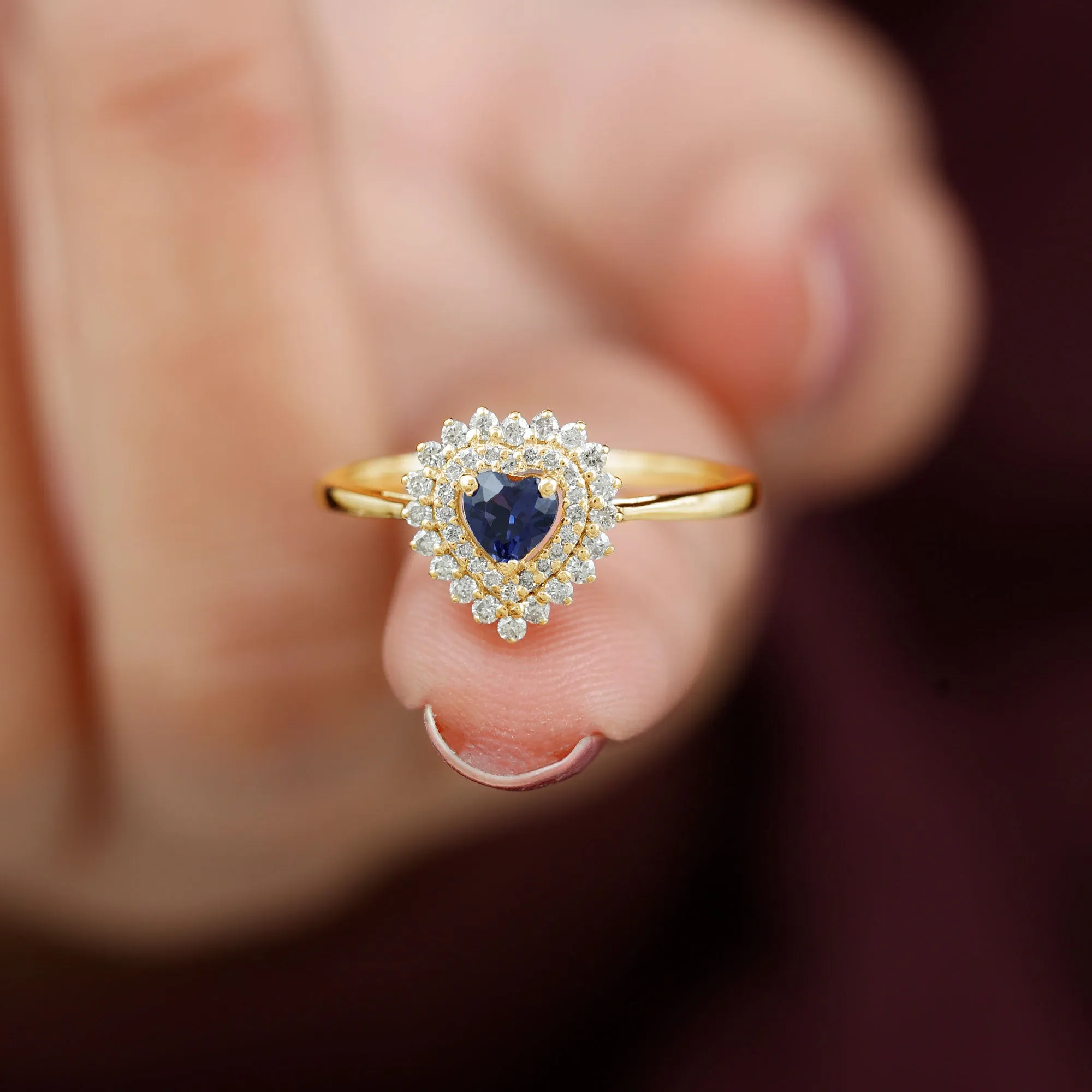 Created Blue Sapphire Heart Engagement Ring with Diamond Double Halo