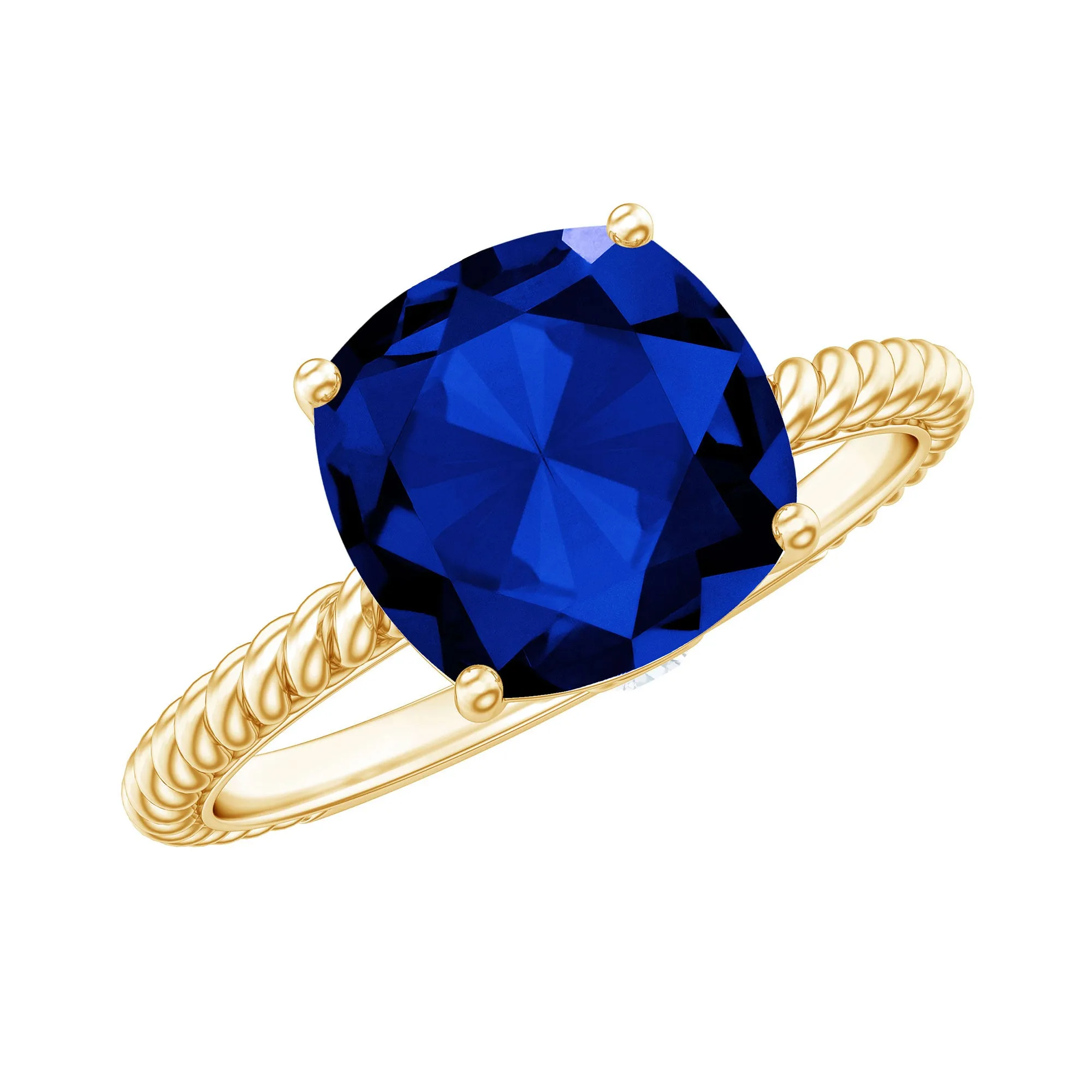 Cushion Cut Created Blue Sapphire Solitaire Ring with Surprise Diamond