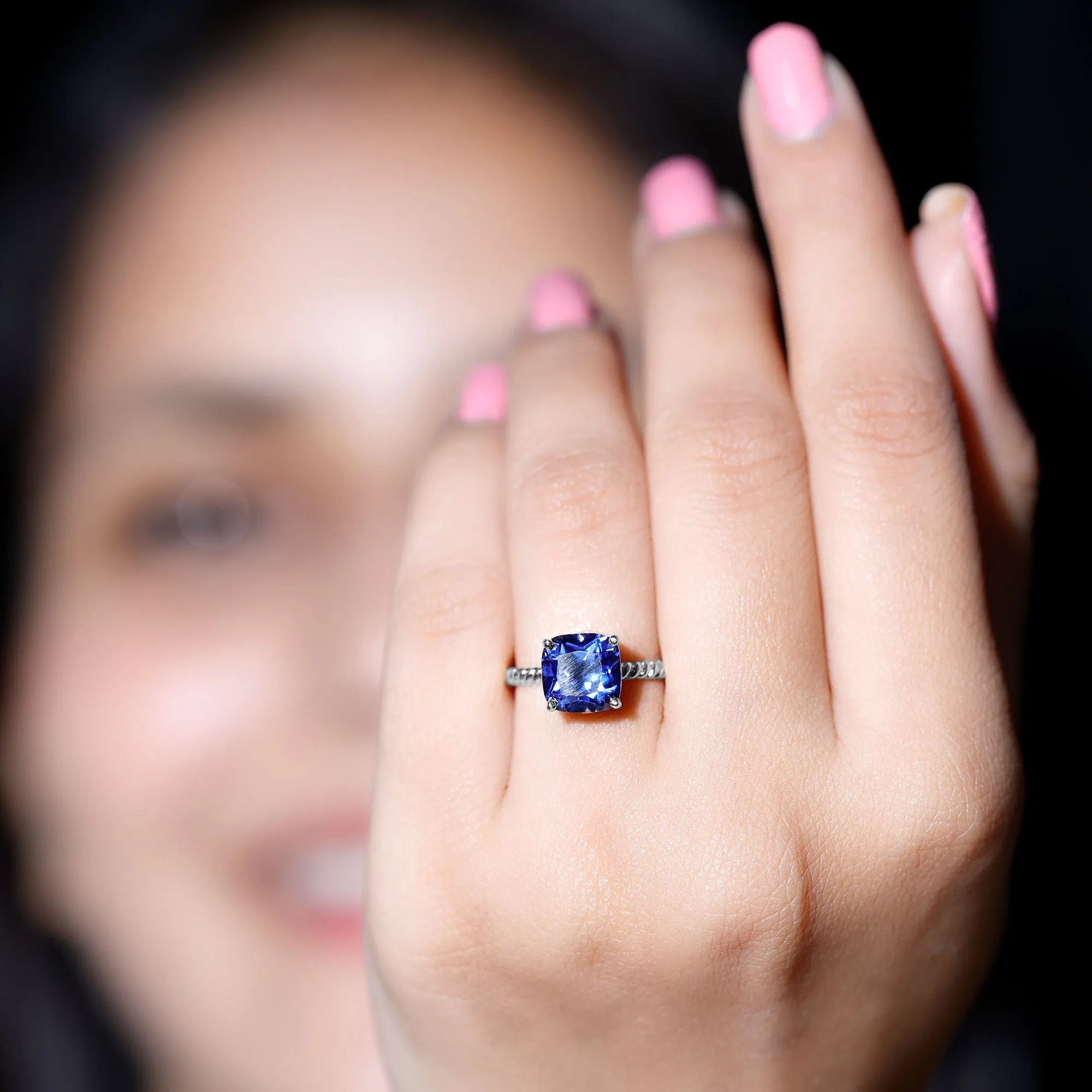 Cushion Cut Created Blue Sapphire Solitaire Ring with Surprise Diamond