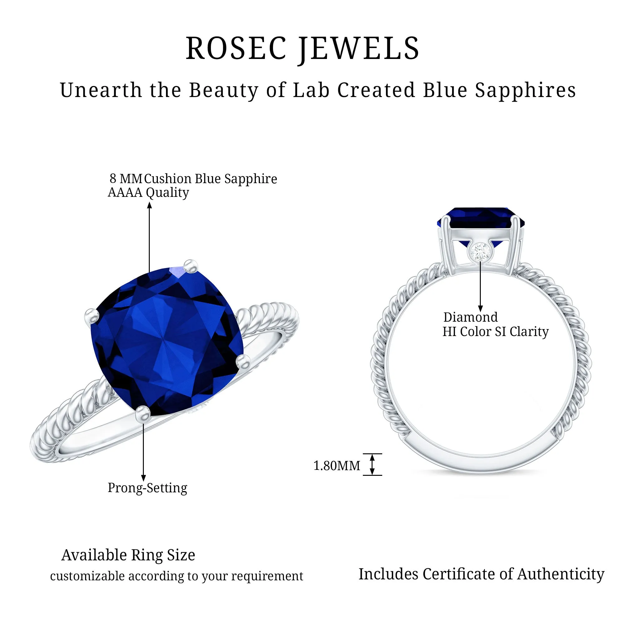 Cushion Cut Created Blue Sapphire Solitaire Ring with Surprise Diamond