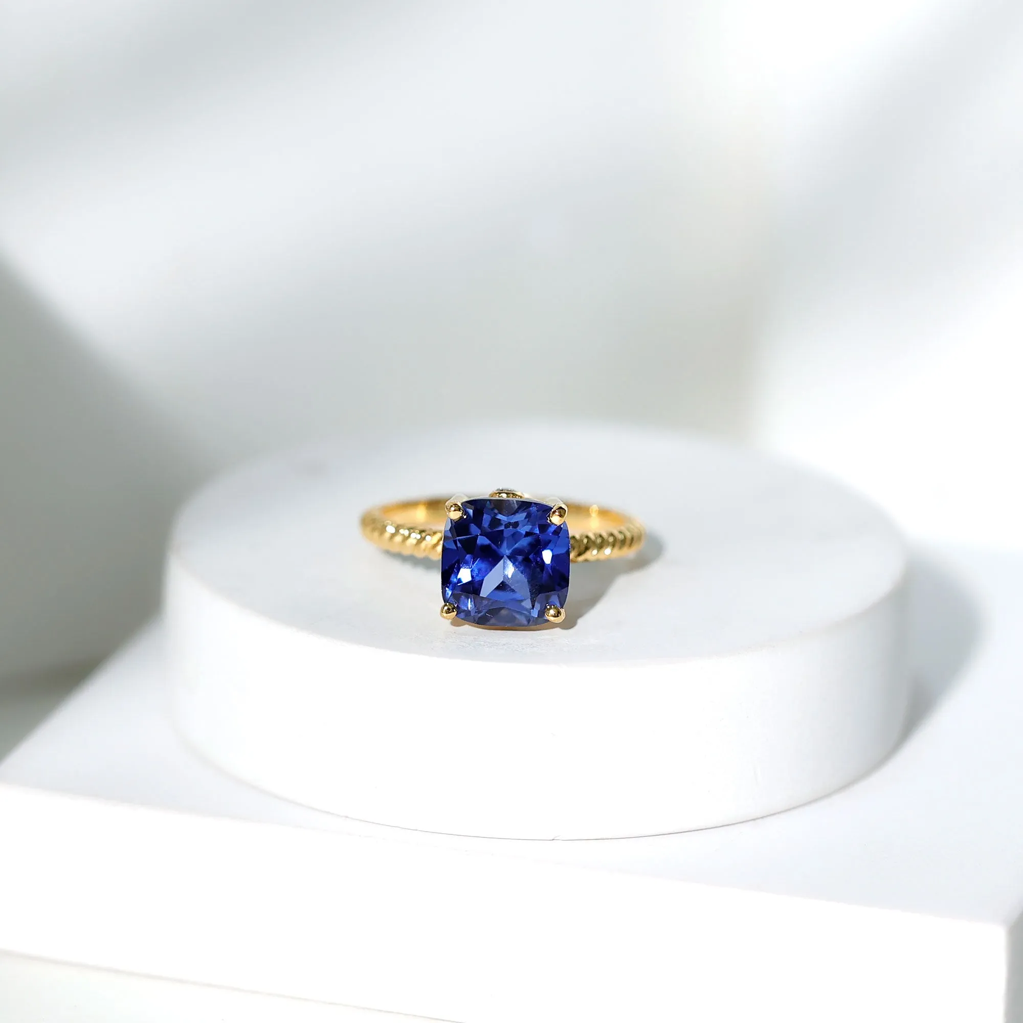 Cushion Cut Created Blue Sapphire Solitaire Ring with Surprise Diamond