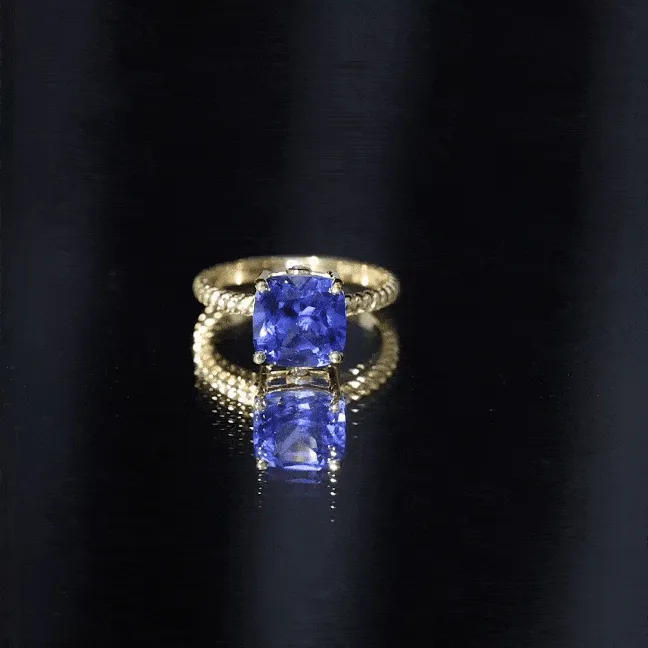 Cushion Cut Created Blue Sapphire Solitaire Ring with Surprise Diamond