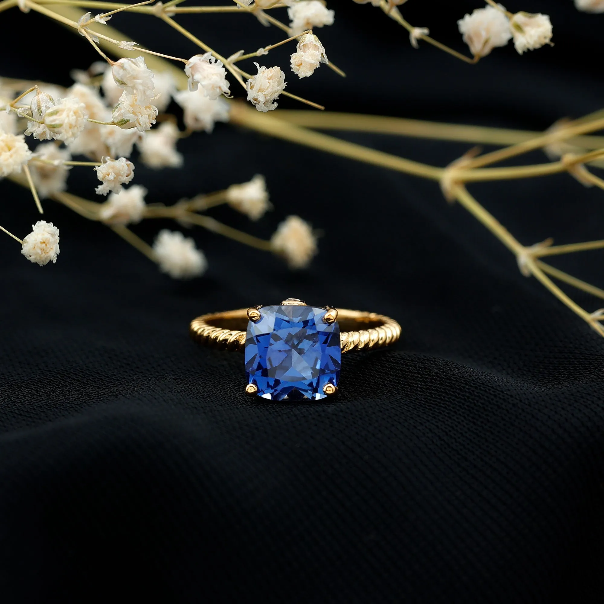 Cushion Cut Created Blue Sapphire Solitaire Ring with Surprise Diamond