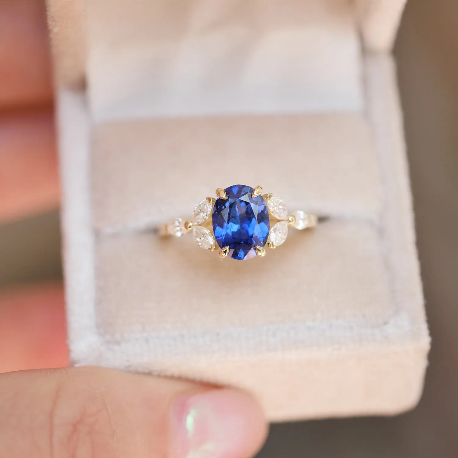 Custom Blue Sapphire Oval Marquise & Round Ring w/ Pave Band