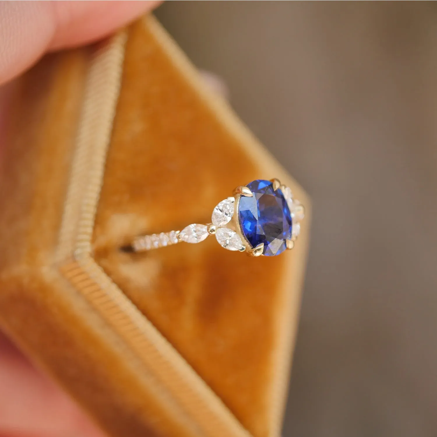 Custom Blue Sapphire Oval Marquise & Round Ring w/ Pave Band