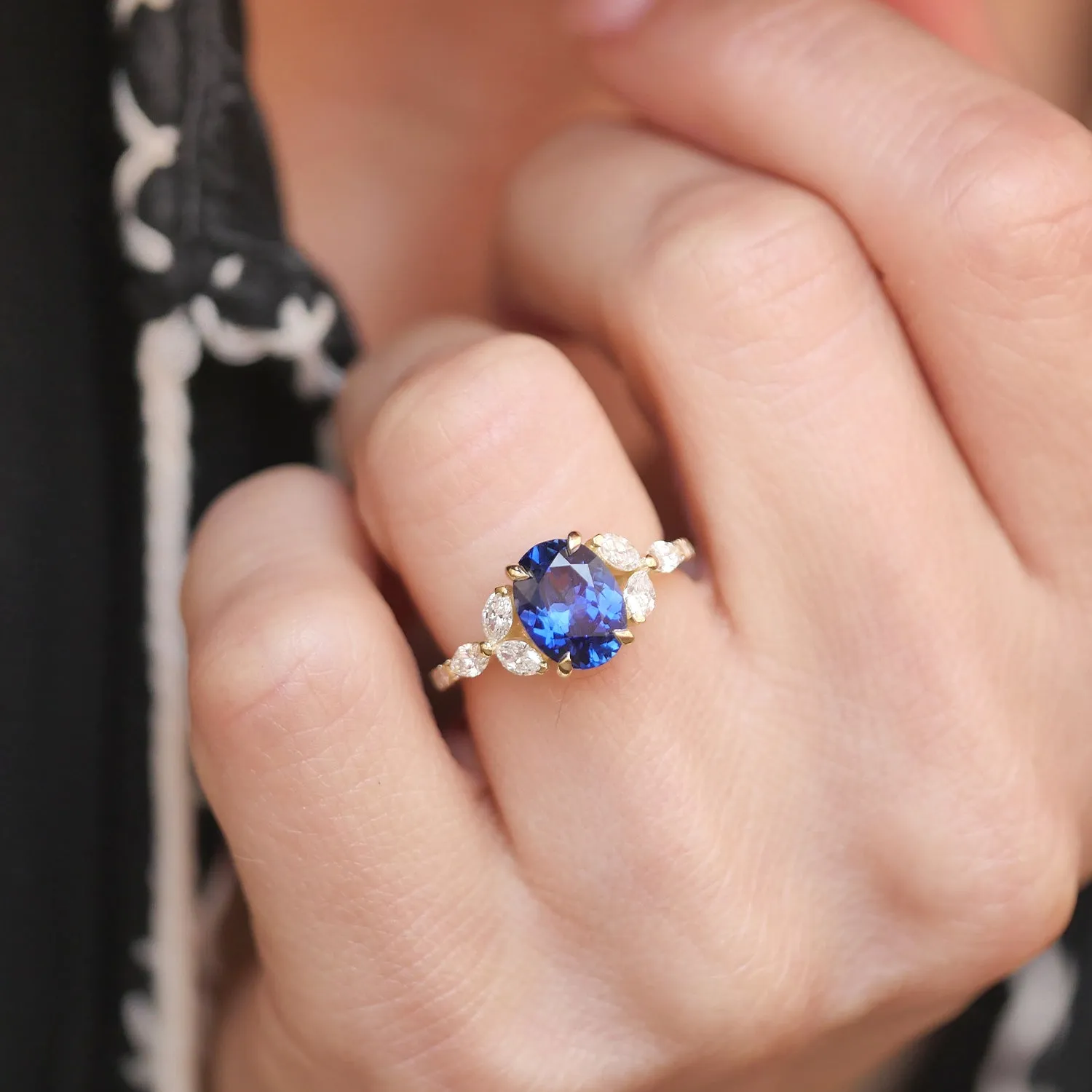 Custom Blue Sapphire Oval Marquise & Round Ring w/ Pave Band