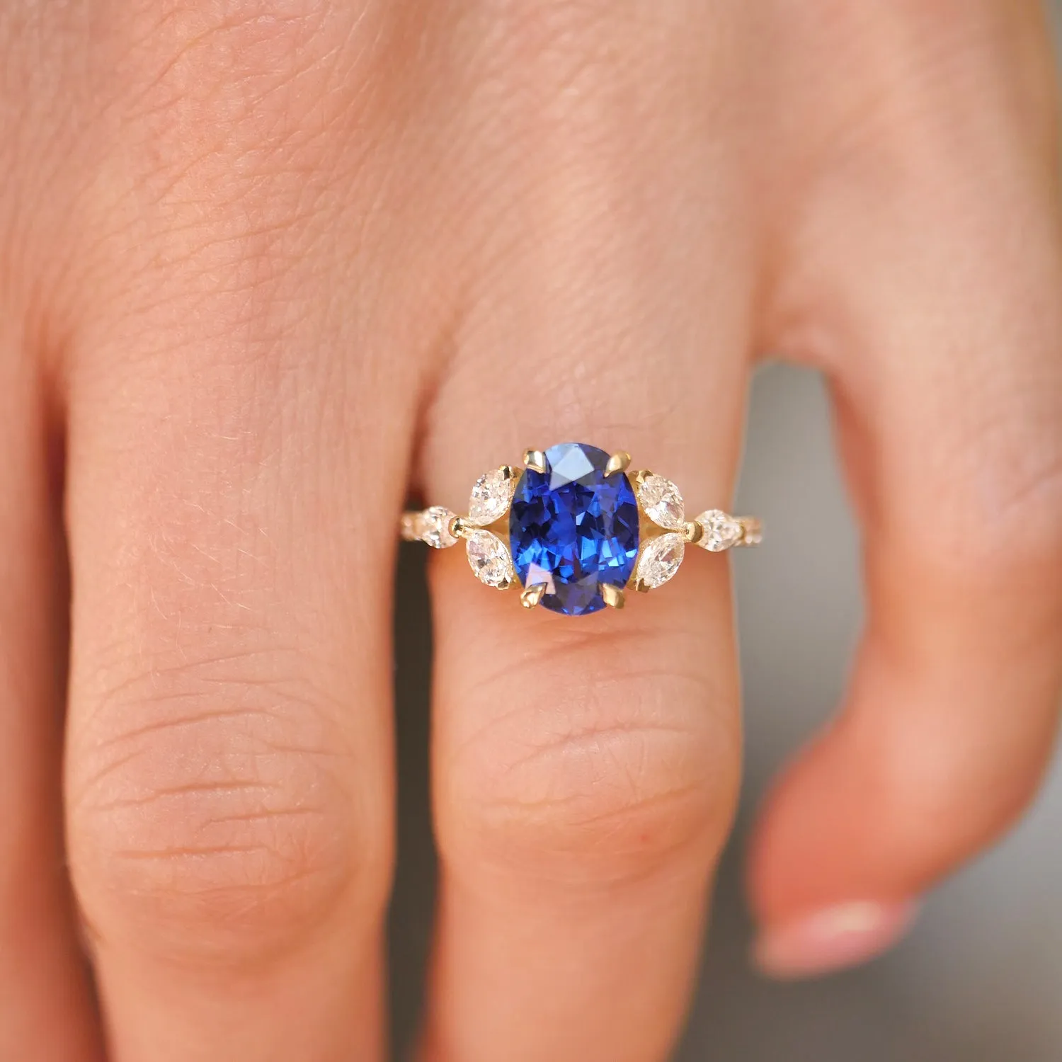 Custom Blue Sapphire Oval Marquise & Round Ring w/ Pave Band