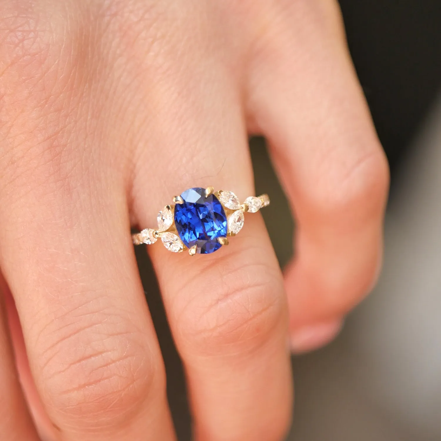 Custom Blue Sapphire Oval Marquise & Round Ring w/ Pave Band