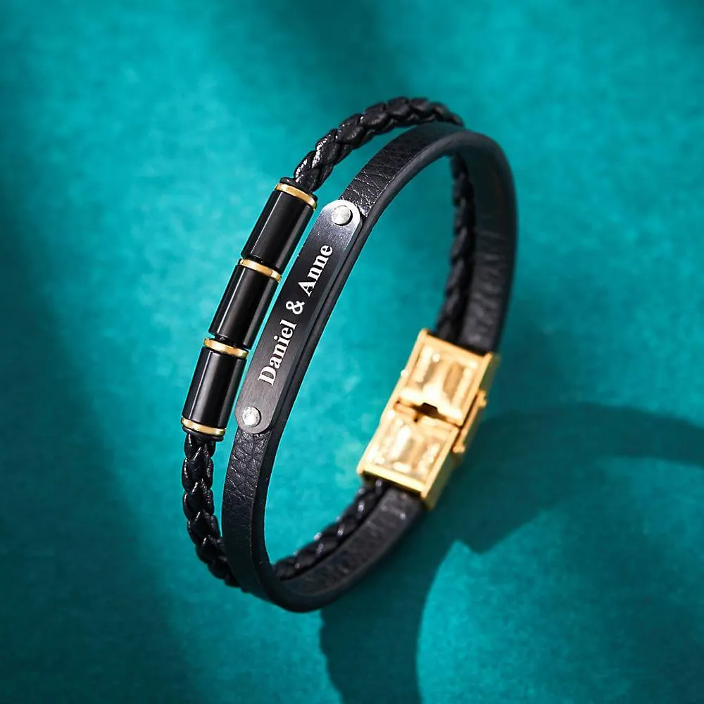 Custom Engraved Multi Layer Retro Style Men's Leather Bracelet