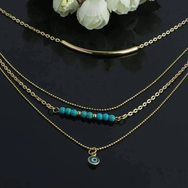 Delicately Layered Gold and Turquoise Necklace