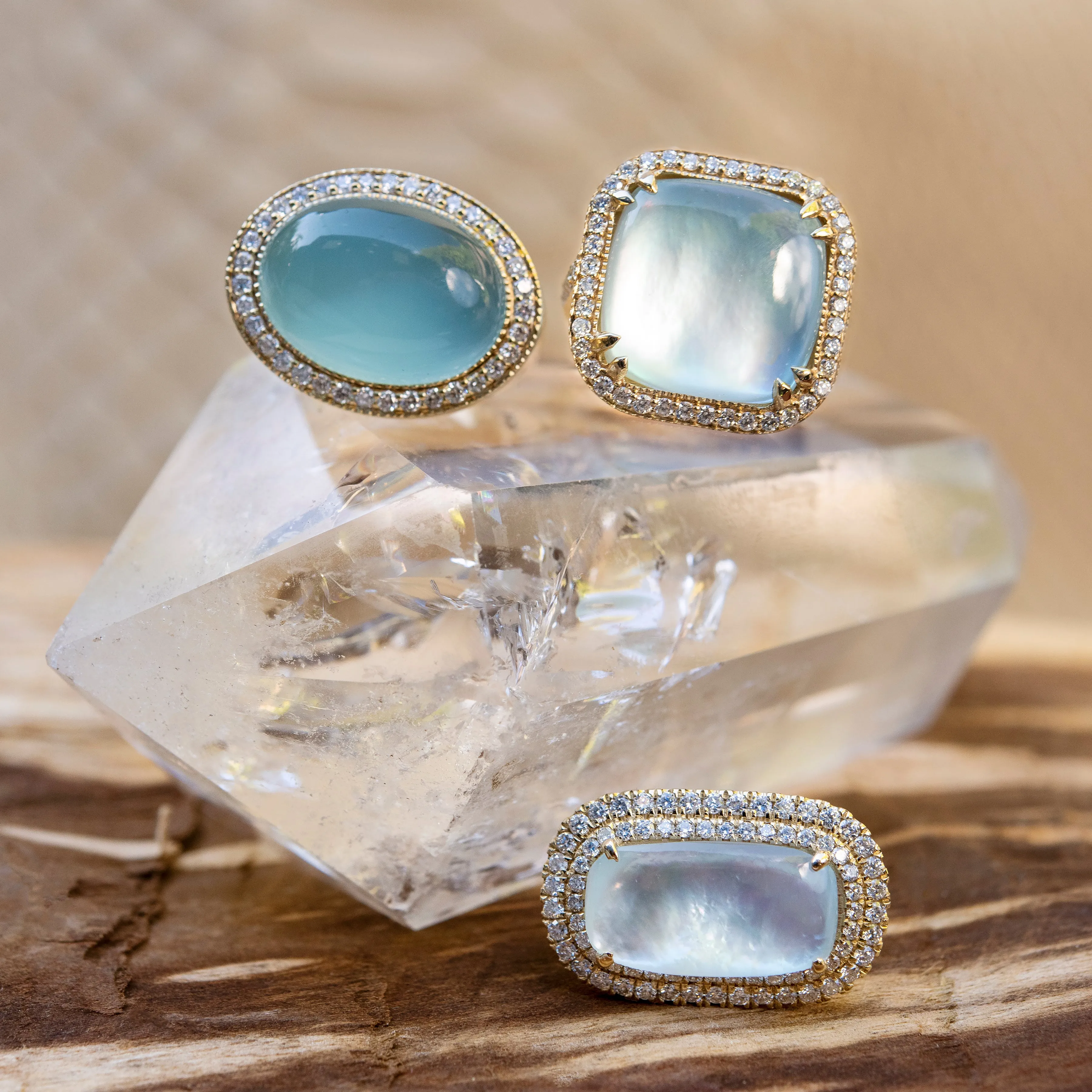 DOUBLE ROW PAVE BORDER SKY TOPAZ   PEARL RECTANGLE RING