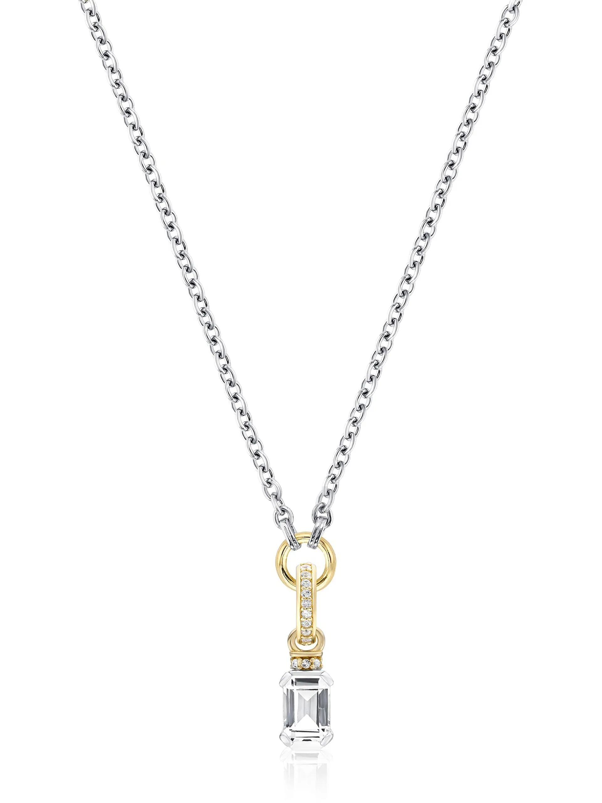 Emerald cut charm on carrier chain