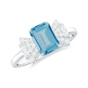 Emerald Cut Swiss Blue Topaz Solitaire Ring with Diamond