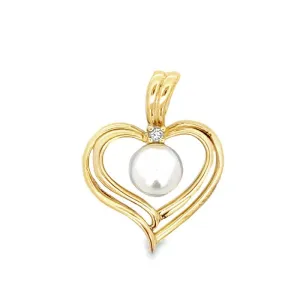 Estate Heart Pendant with Pearl and Diamond in 14K Yellow Gold