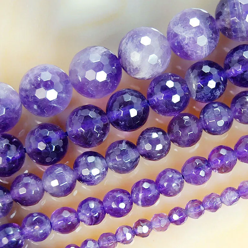 Faceted Natural Amethyst Gemstone Round Loose Beads on a 15.5" Strand