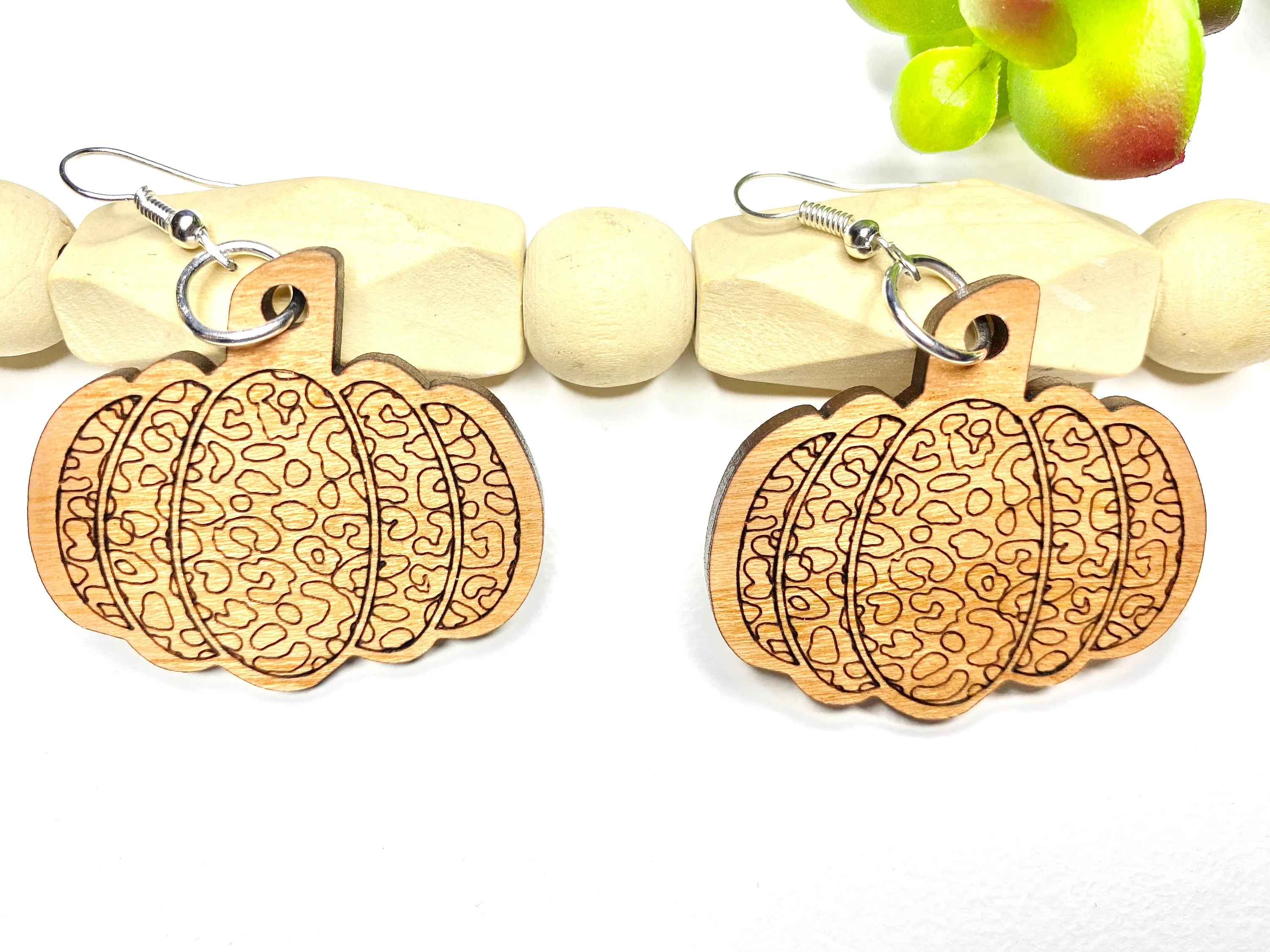 Fall Drop Earrings, Leopard Pumpkin Dangle, Wood Earring Designs, Autumn Earring, Animal Print Pumpkin