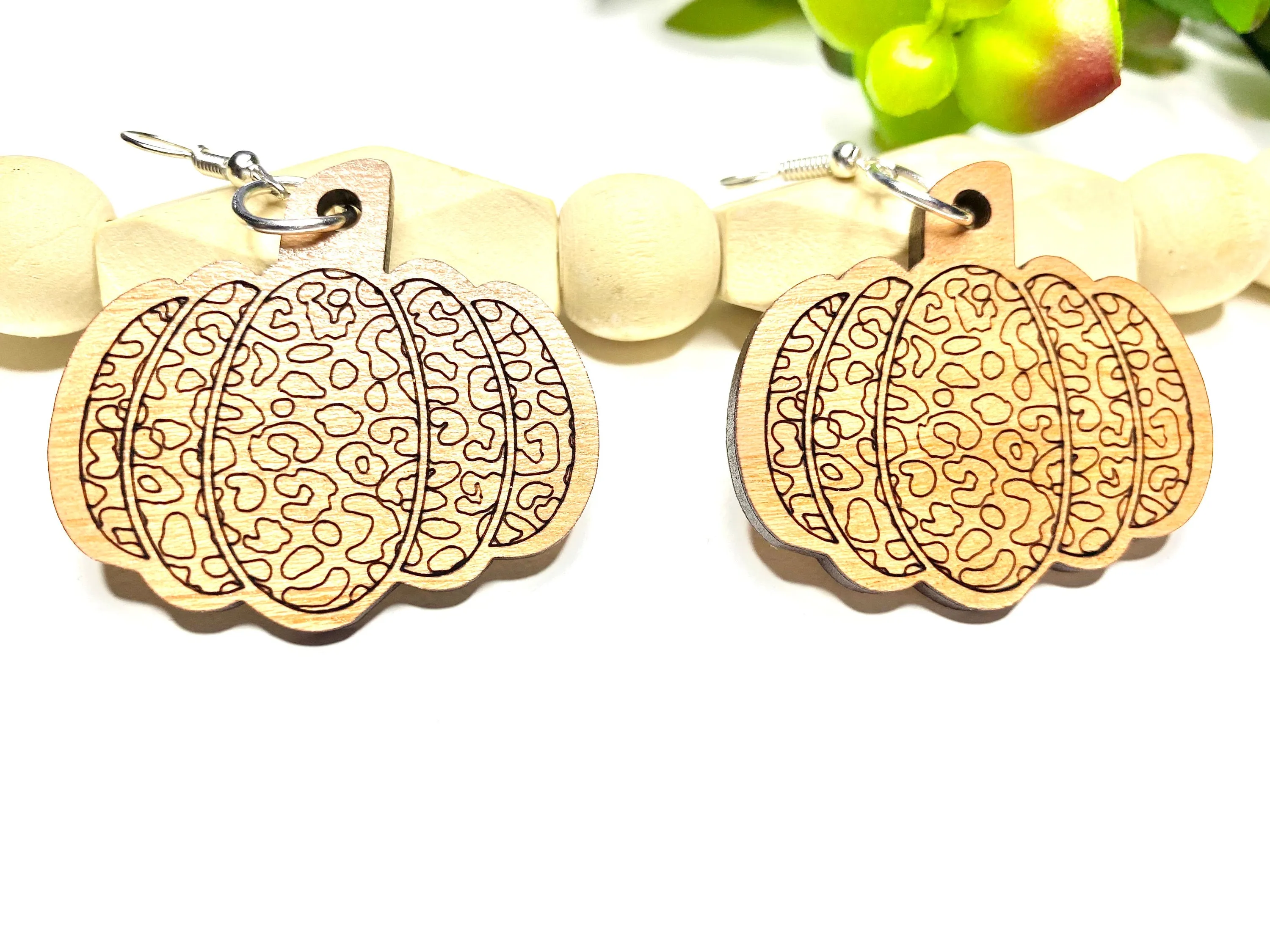 Fall Drop Earrings, Leopard Pumpkin Dangle, Wood Earring Designs, Autumn Earring, Animal Print Pumpkin