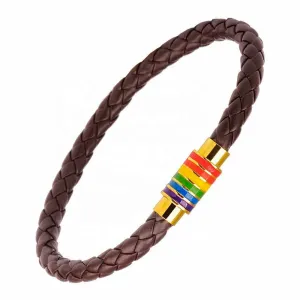 Gay Pride Rainbow Magnetic Bracelet (Brown Leather/Gold Clasp)