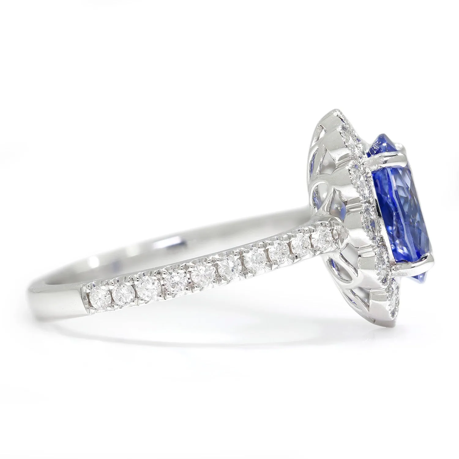 GIA Certified Blue No Heat Sapphire Halo Ring with Diamonds 18K