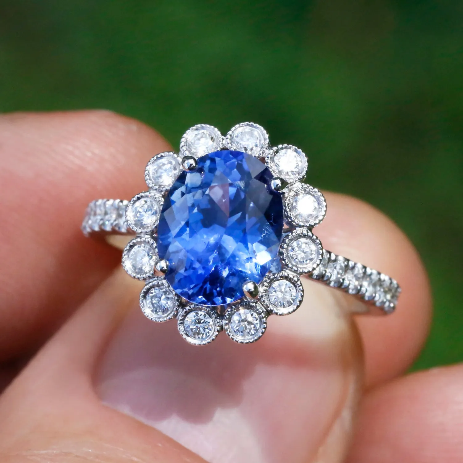 GIA Certified Blue No Heat Sapphire Halo Ring with Diamonds 18K