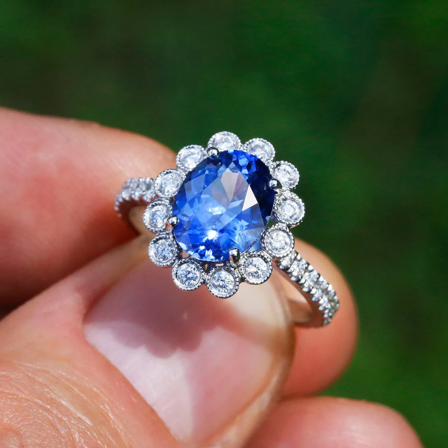 GIA Certified Blue No Heat Sapphire Halo Ring with Diamonds 18K