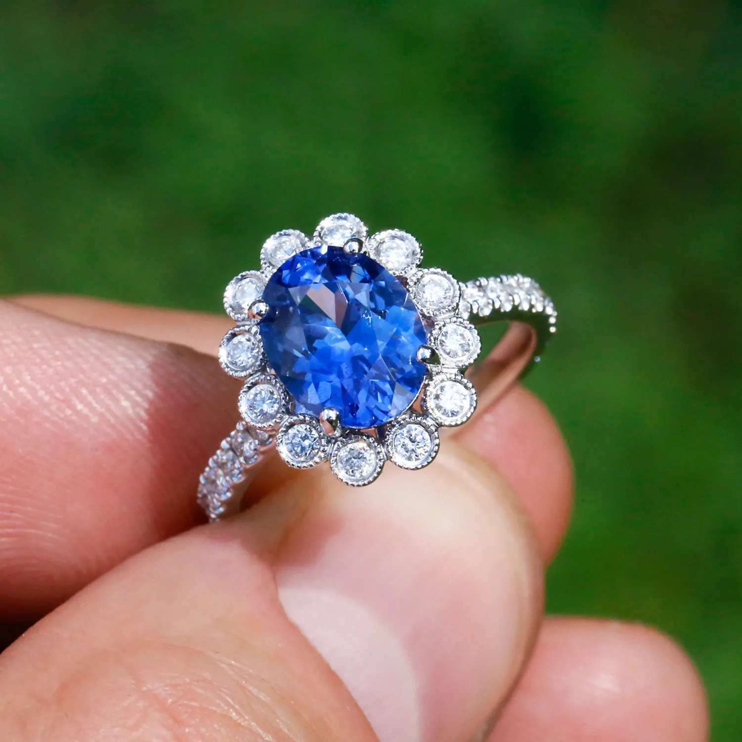 GIA Certified Blue No Heat Sapphire Halo Ring with Diamonds 18K