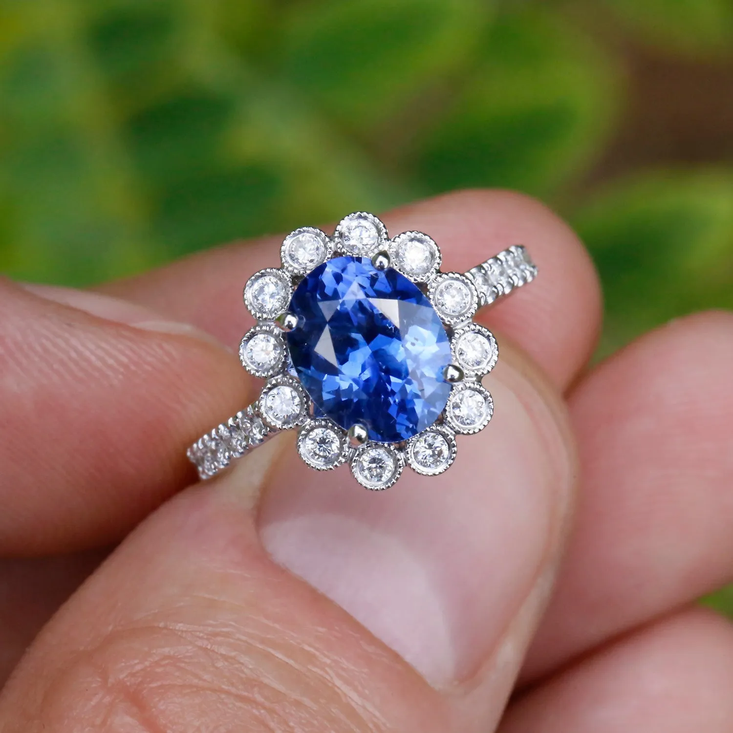 GIA Certified Blue No Heat Sapphire Halo Ring with Diamonds 18K