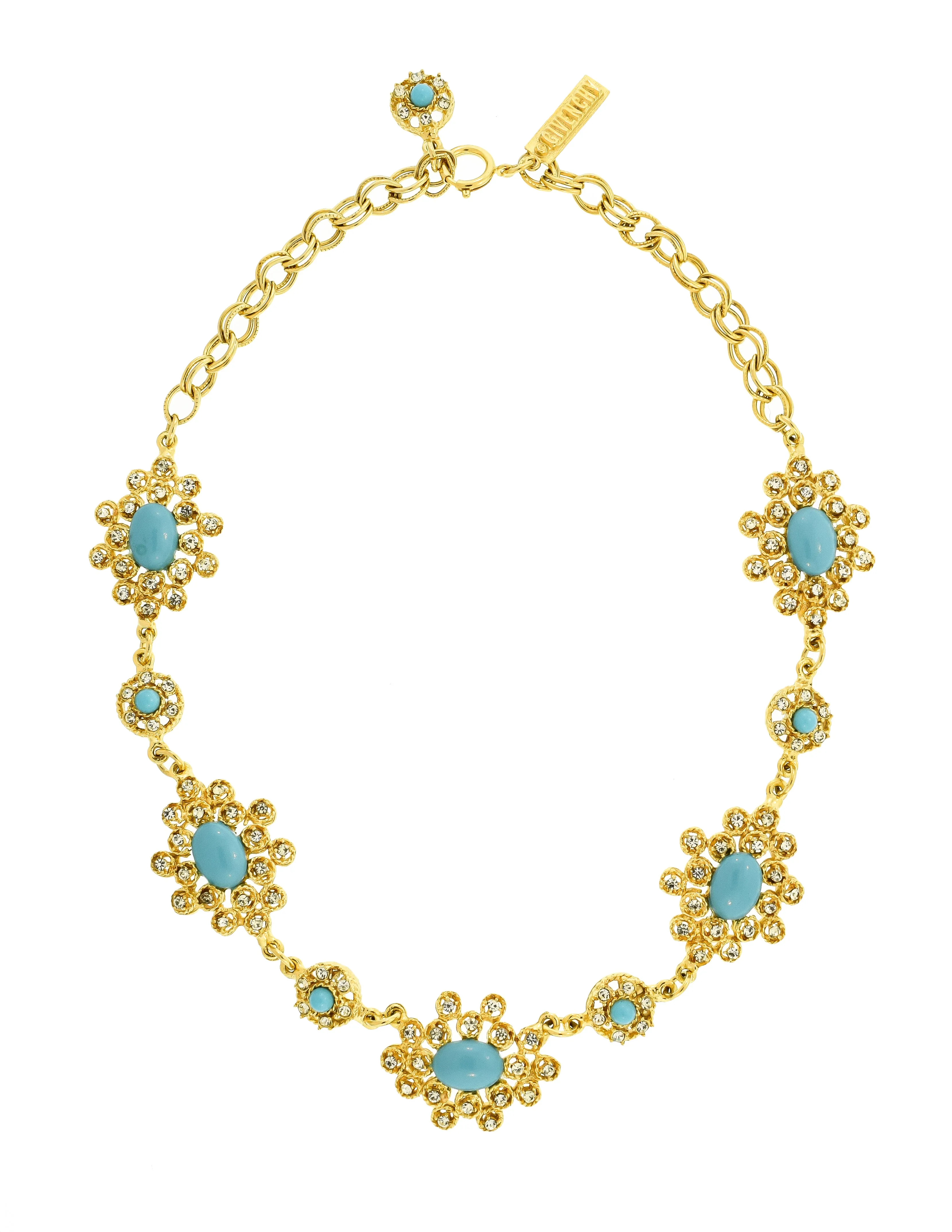 Givenchy Vintage 1960s Gold Rhinestone and Turquoise Cabochon Necklace