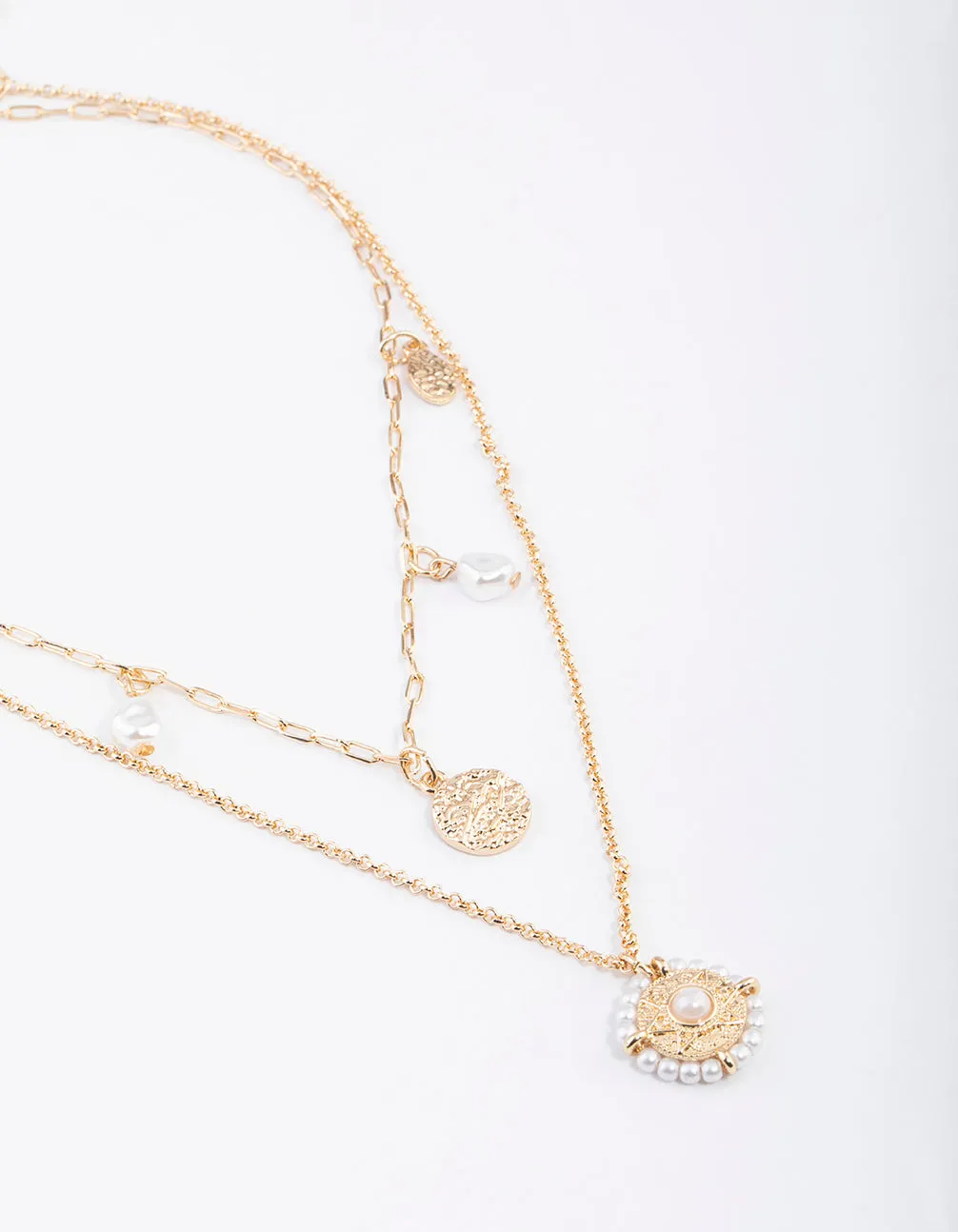 Gold Double Row Pearl Hammered Disc Necklace