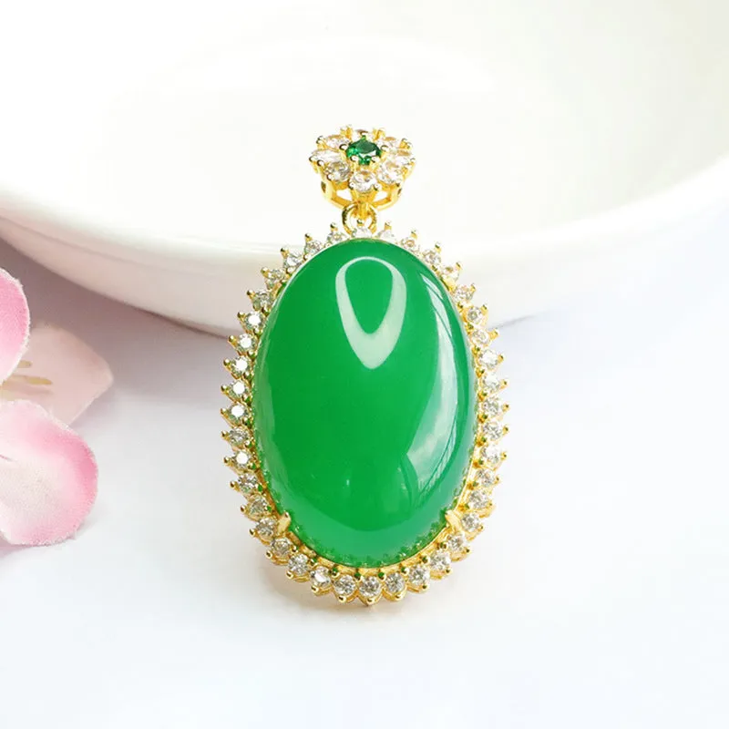 Green Chalcedony Pendant Necklace with Zircon Halo