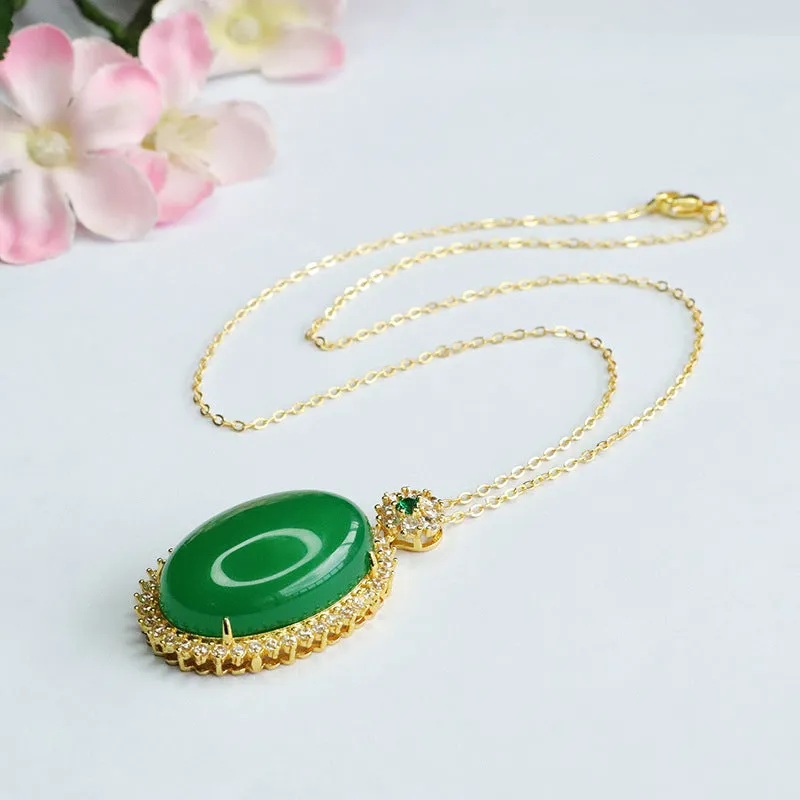 Green Chalcedony Pendant Necklace with Zircon Halo