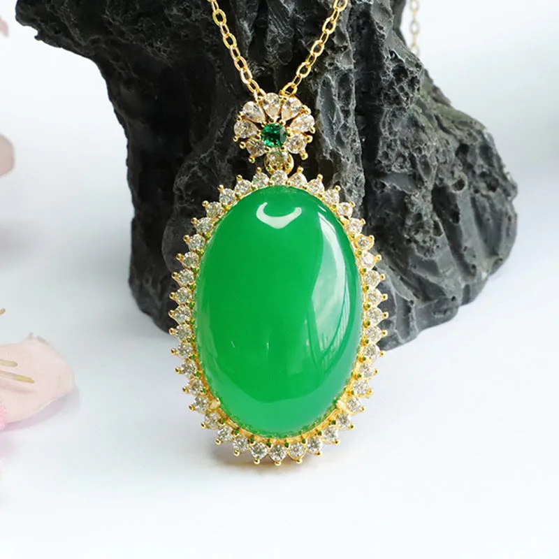 Green Chalcedony Pendant Necklace with Zircon Halo