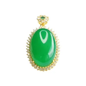 Green Chalcedony Pendant Necklace with Zircon Halo