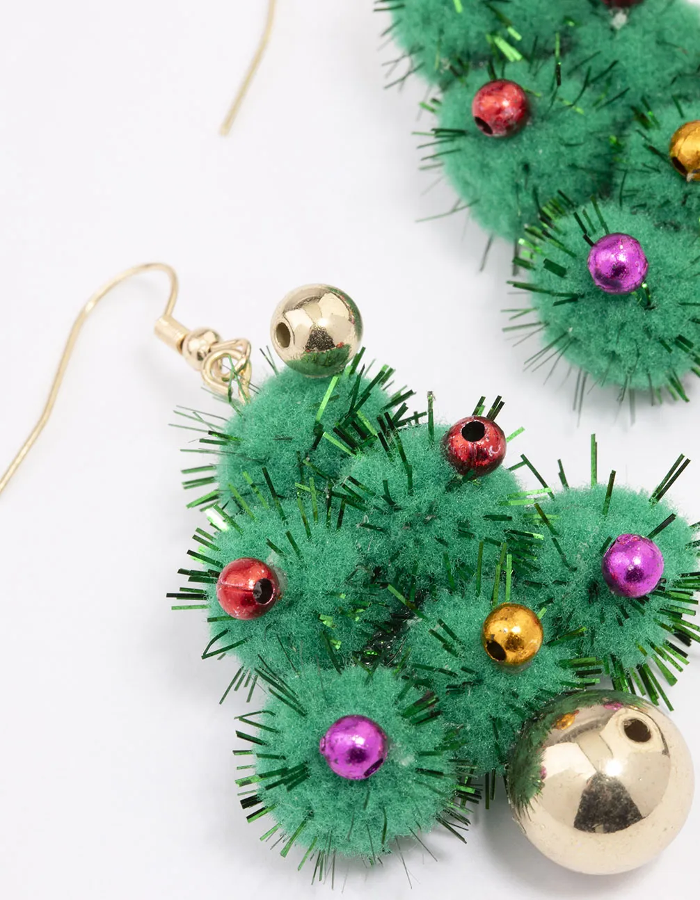 Green Pom Pom Tree Drop Earrings