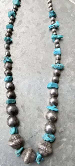 Hand Crafted Native American Turquoise and Silver Bead Necklace