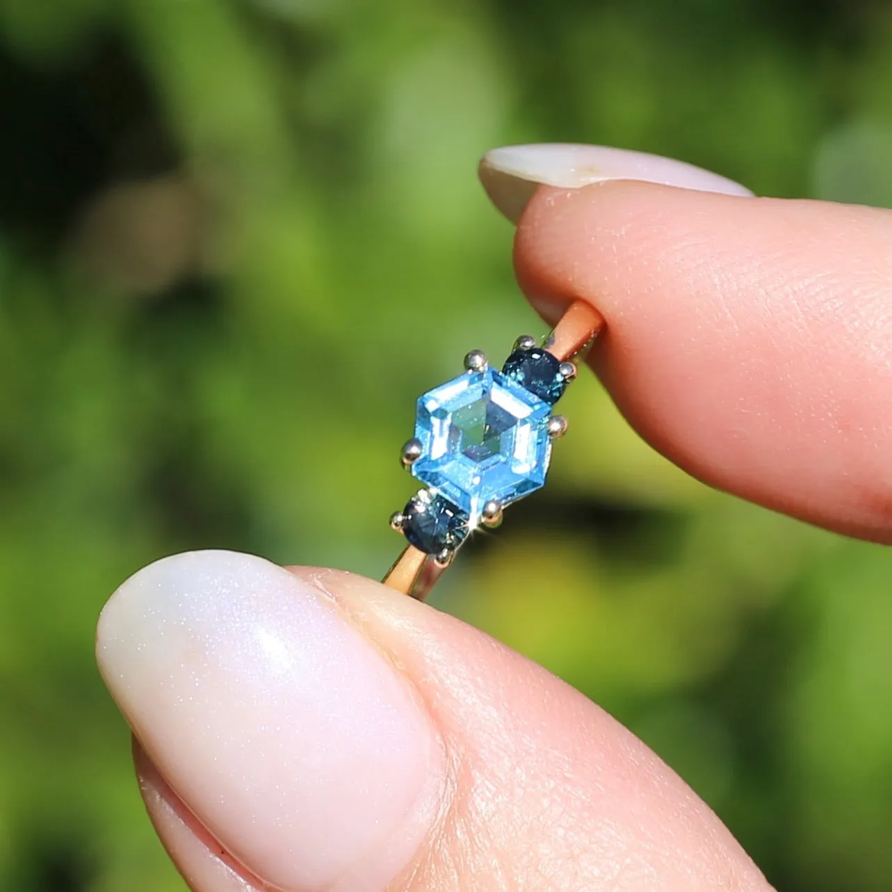 Hexagonal Blue Topaz and Parti Sapphire Trilogy, 9ct Yellow Gold, size O or 7.25