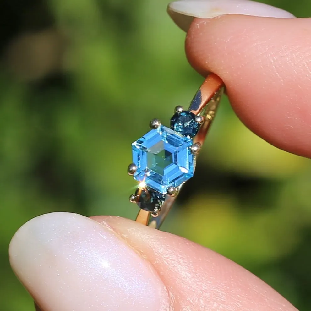 Hexagonal Blue Topaz and Parti Sapphire Trilogy, 9ct Yellow Gold, size O or 7.25