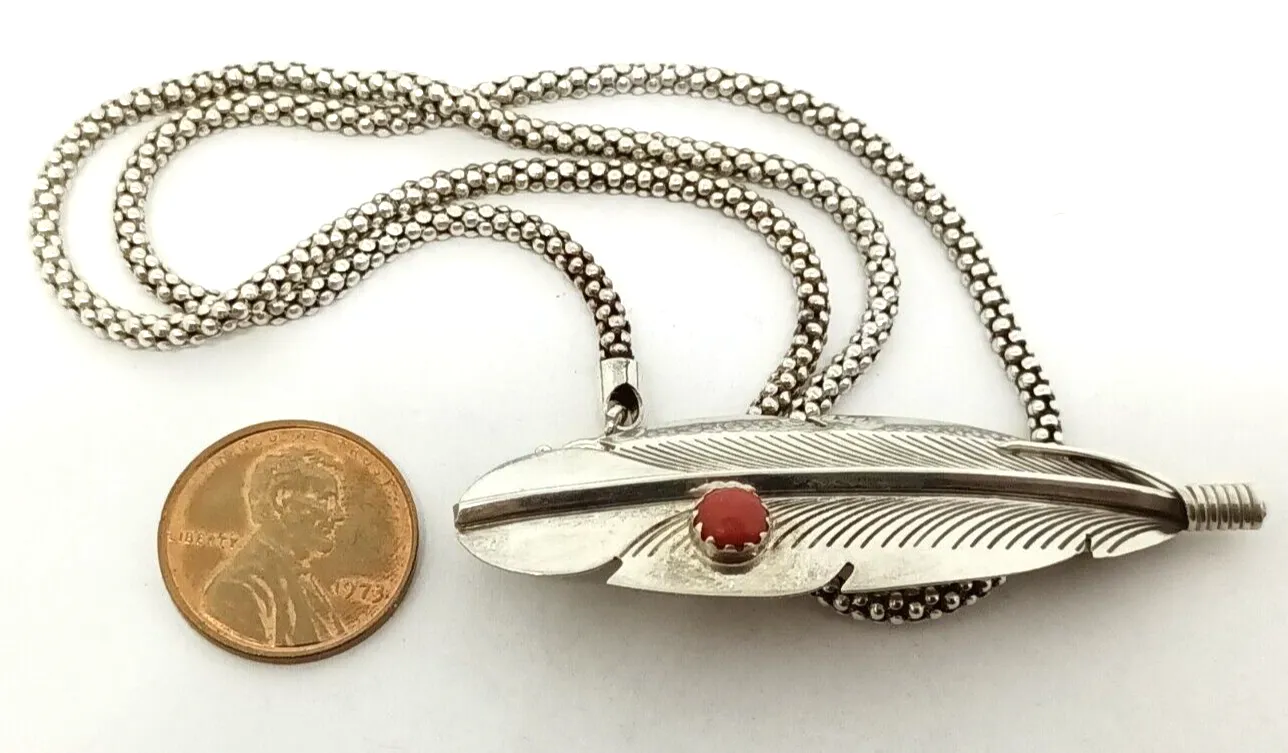 Jerry Bahe Coral Feather Sterling Silver Pendant/Pin on Sterling Silver Chain